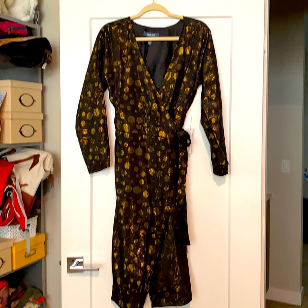Black and gold wrap dress from ModCloth